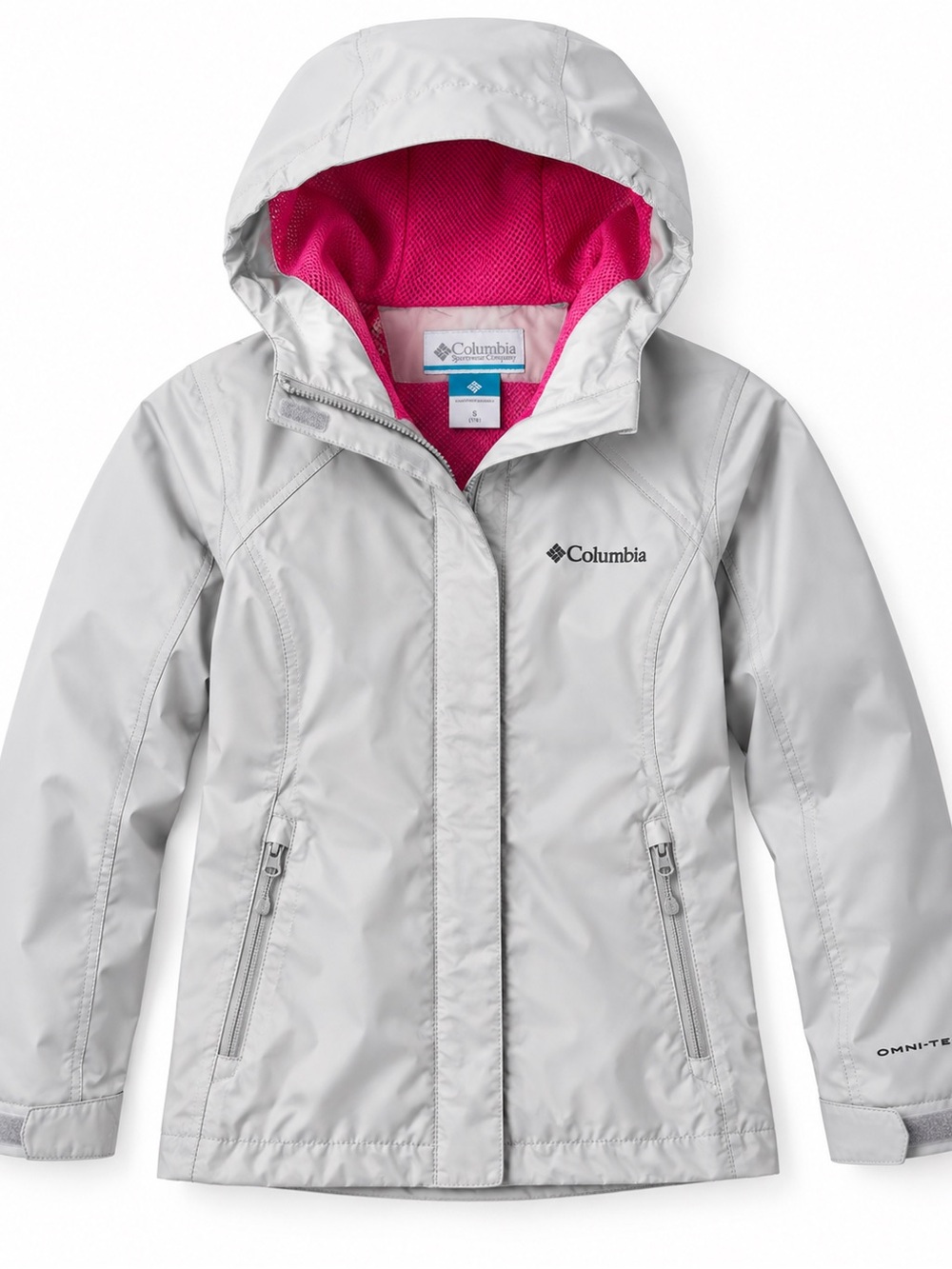 Columbia Girls Rain Jacket Omni-Tech Waterproof Hooded Pink Gray Size S